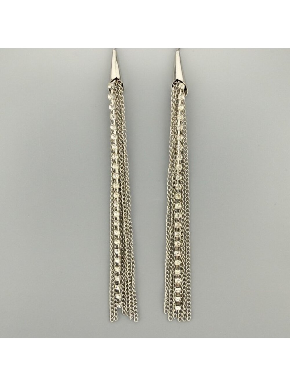 Vintage Rhinestone Chain Tassel Earrings Silver Tone Shoulder Dusters Dangle 6”